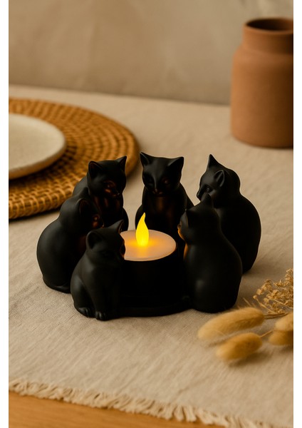 Dekoratif Kediler Ritüel Dinginlik Yoga Mumluk Biblo 14 x 10 cm