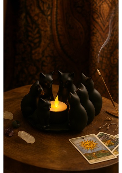 Dekoratif Kediler Ritüel Dinginlik Yoga Mumluk Biblo 14 x 10 cm