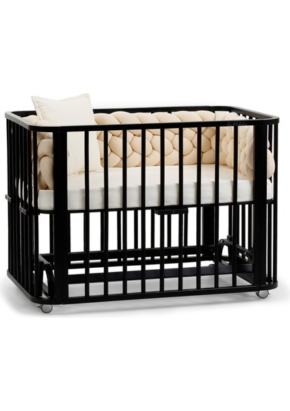 Siyah Ahşap 4 In 1 Beşik Takım 70 x 110 - Anne Yanı, Karyola, Oyun Parkı, Montessori + Junior Yatak - Açık Bej