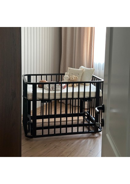 Siyah Ahşap 4 In 1 Beşik Takım 70 x 110 - Anne Yanı, Karyola, Oyun Parkı, Montessori + Junior Yatak - Açık Bej fiyatları