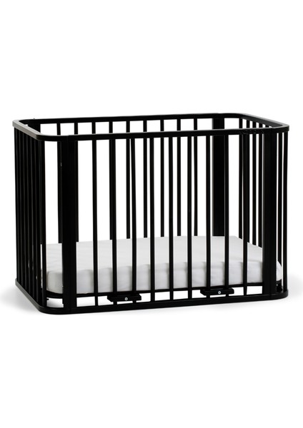 Siyah Ahşap 4 In 1 Beşik Takım 70 x 110 - Anne Yanı, Karyola, Oyun Parkı, Montessori + Junior Yatak - Açık Bej fırsatları