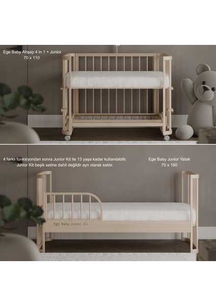 Siyah Ahşap 4 In 1 Beşik Takım 70 x 110 - Anne Yanı, Karyola, Oyun Parkı, Montessori + Junior Yatak - Açık Bej