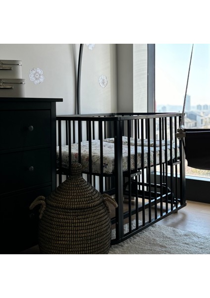 Siyah Ahşap 4 In 1 Beşik Takım 70 x 110 - Anne Yanı, Karyola, Oyun Parkı, Montessori + Junior Yatak - Açık Bej