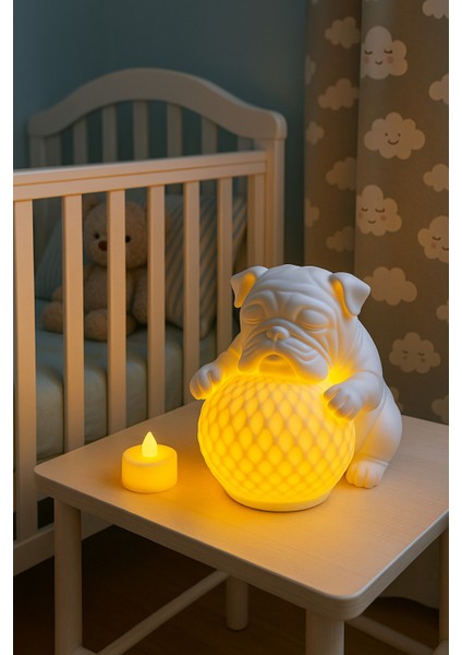 Bulldog Tasarımlı 3D Dekoratif Masa Lambası, Estetik Çocuk Odası Gece Lambası, Tealight 25 x 25 cm