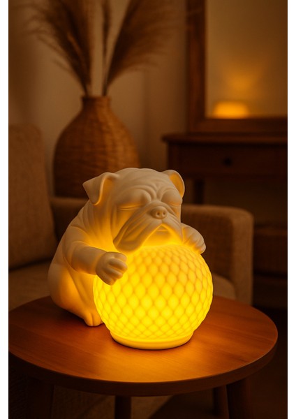 Bulldog Tasarımlı 3D Dekoratif Masa Lambası, Estetik Çocuk Odası Gece Lambası, Tealight 25 x 25 cm