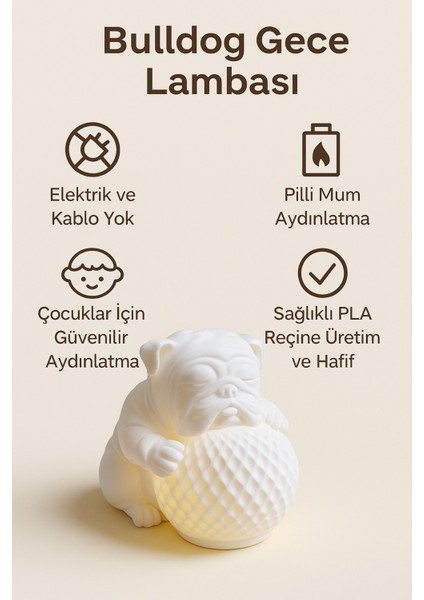 Bulldog Tasarımlı 3D Dekoratif Masa Lambası, Estetik Çocuk Odası Gece Lambası, Tealight 25 x 25 cm