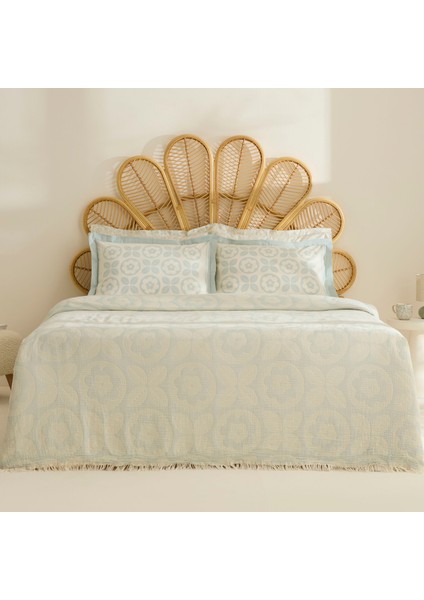 Shayla Mavi Baskılı Müslin Çift Kişilik Pike Takımı