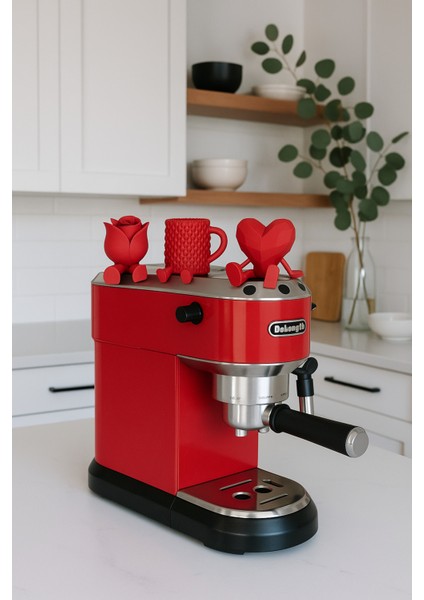 Dekoratif Kalp Gül ve Kahve Figürü Kahve Sever Obje 3'lü Set 9 x 7 cm