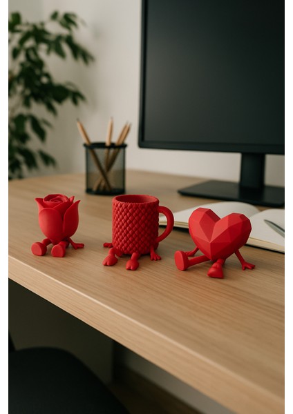 Dekoratif Kalp Gül ve Kahve Figürü Kahve Sever Obje 3'lü Set 9 x 7 cm modelleri