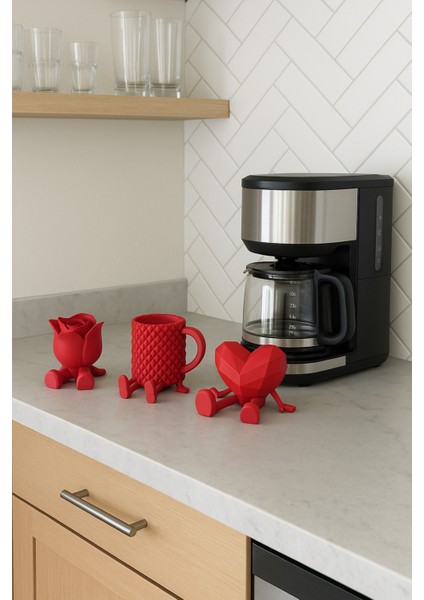 Dekoratif Kalp Gül ve Kahve Figürü Kahve Sever Obje 3'lü Set 9 x 7 cm fırsatları