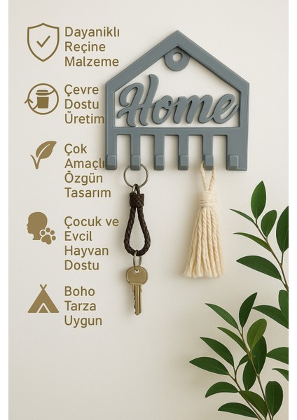 Dekoratif Açılır Kapanır Anahtar Askı Home Detay 15 x 15 cm