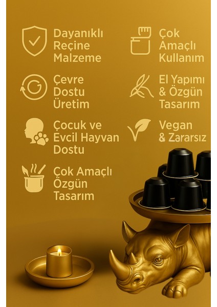 Dekoratif Tasarım Gold Gergedan Sunum Not Pratik Gereç Vegan Üretim 14 x 14 cm