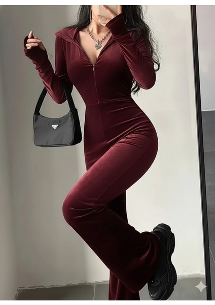 Kadın Uzun Kollu Kapşonlu Fermuarlı Kadife Tulum fiyatları