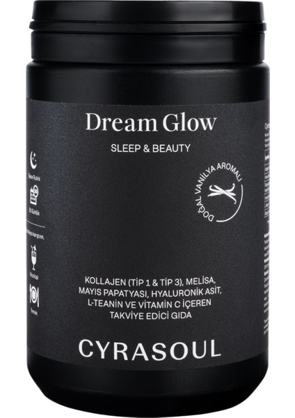 DreamGlow Kolajen Peptitleri (Tip 1 & Tip 3), Melisa, Mayıs papatyası, Hyaluronik asit, L-Teanin ve Vitamin C İçeren Takviye Edici Gıda (Sleep&Beauty)