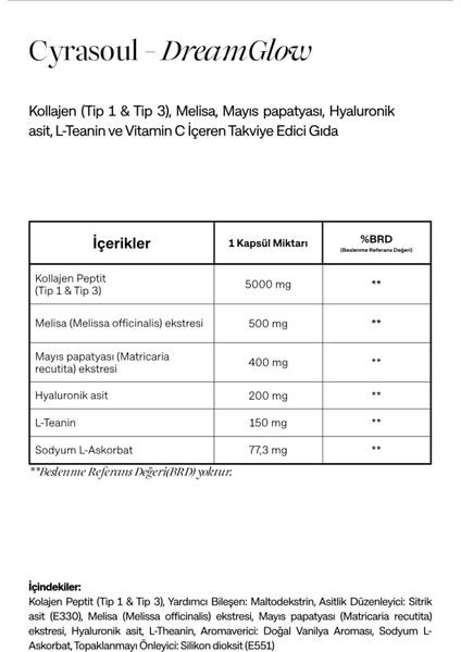 DreamGlow Kolajen Peptitleri (Tip 1 & Tip 3), Melisa, Mayıs papatyası, Hyaluronik asit, L-Teanin ve Vitamin C İçeren Takviye Edici Gıda (Sleep&Beauty)