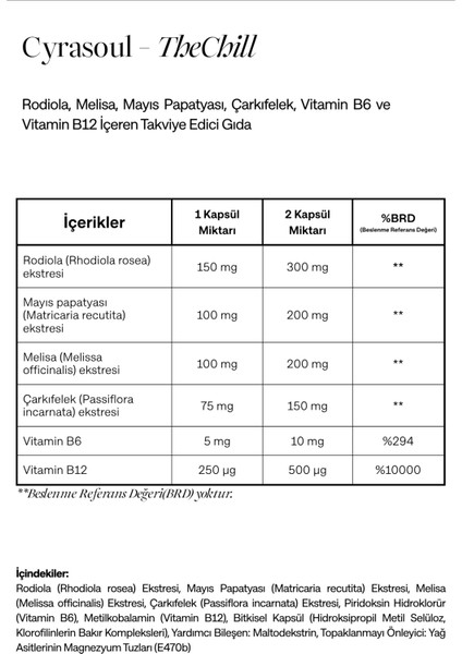 TheChill Rhodiola, Passiflora, Melisa, Mayıs Papatyası, Vitamin B6 ve Vitamin B12 İçeren Takviye Edici Gıda (Calm&Balance)