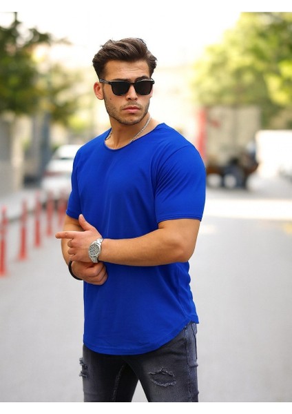 Erkek Basic Geniş Yaka Salaş Yazlık Bol Saks Tişört