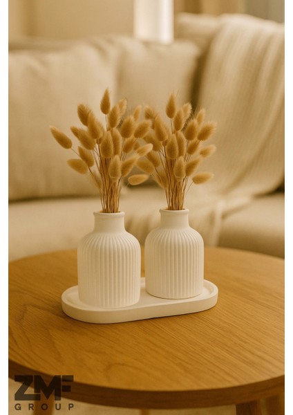 Pampas Vazo Takımı 2'li Beyaz Beton Ev Dekorasyonu Stant Dahildir