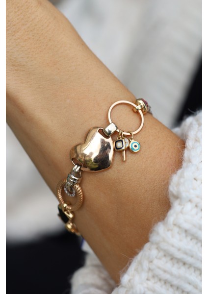 14 Ayar Altın Cetaş Kalp ve Charm Detaylı Tasarım Bileklik fiyatları