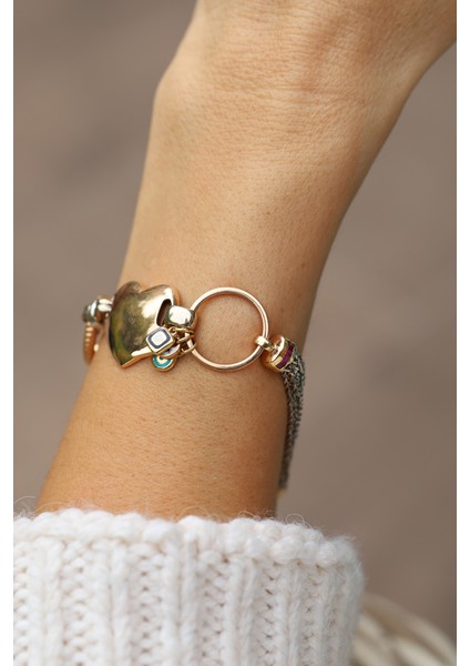 14 Ayar Altın Cetaş Kalp ve Charm Detaylı Tasarım Bileklik indirimleri