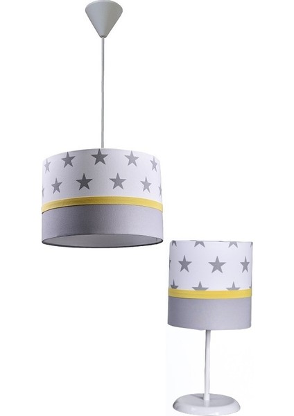 Beyaz Yıldızlı M-0424 Gri Sarı 2.li Set Kumaş Kaplama Genç ve Çocuk Odası Avize ve Abajur Takımı