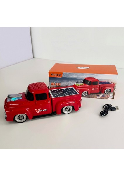 WS-692BT Kamyone Araba Radyolu Güneş Panelli Bluetooth Hoparlör Powerbanklı Kırmızı