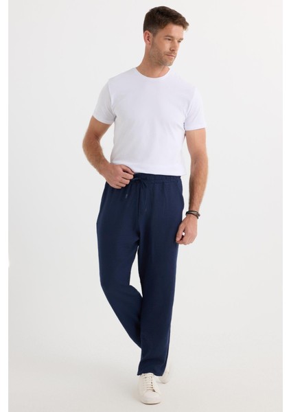 Erkek Standart Fit Normal Kesim Beli Bağcıklı Geniş Paça Lacivert Pantolon fiyatları
