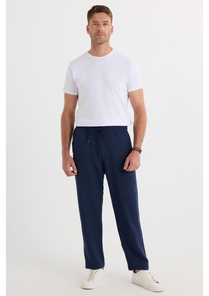Erkek Standart Fit Normal Kesim Beli Bağcıklı Geniş Paça Lacivert Pantolon fırsatları