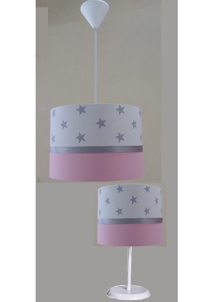 Beyaz Yıldızlı M-0432 Pembe 2.li Set Kumaş Kaplama Bebek Genç ve Çocuk Odası Avize ve Abajur Takımı