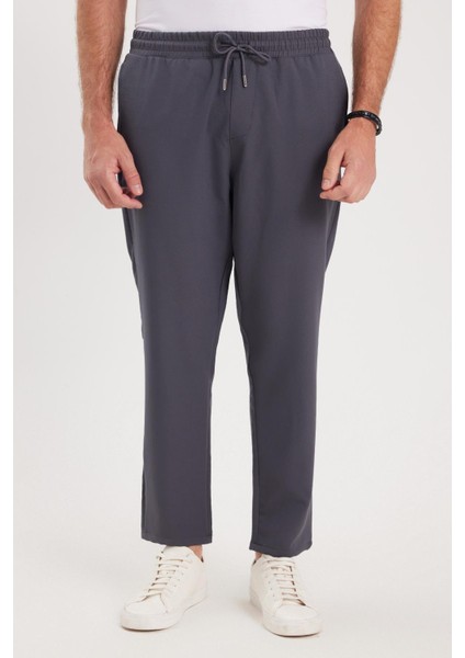 Erkek Regular Fit Beli Lastikli Bağcıklı Jogger koyu Gri Pantolon Rahat Kesim Yan Cepli