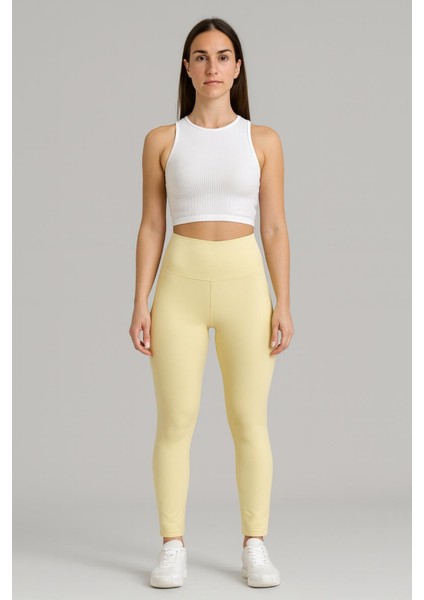 Kadın Yüksek Bel Basic Açık Sarı Tayt – Esnek, Rahat ve Günlük Kullanıma Uygun