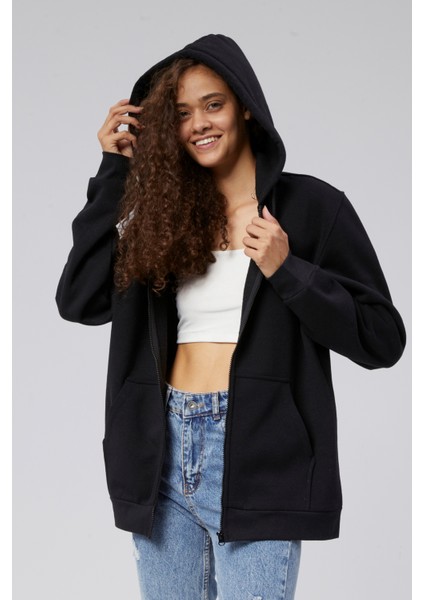 Mooncover Kadın Fermuarlı Kapşonlu Kanguru Cepli Sweatshirt