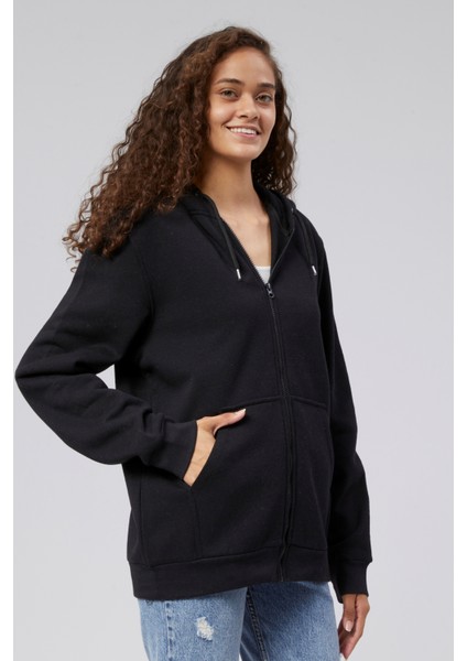 Mooncover Kadın Fermuarlı Kapşonlu Kanguru Cepli Sweatshirt
