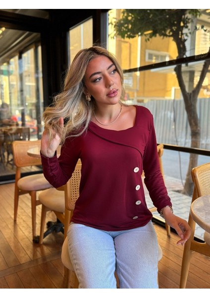 Kadın Uzun Kollu Geometrik Yaka Detay Yandan Düğmeli Viskon Iki Iplik Bluz modelleri