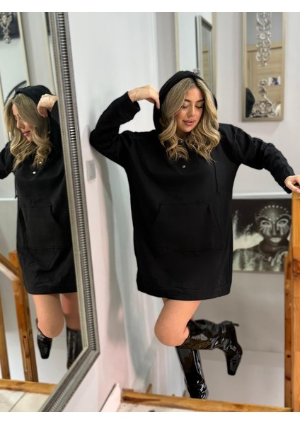 Kadın Uzun Kollu Kapşonlu Bağcıklı Önden Düğmeli ve Cepli Iki Iplik Şardonlu Elbise fiyatları