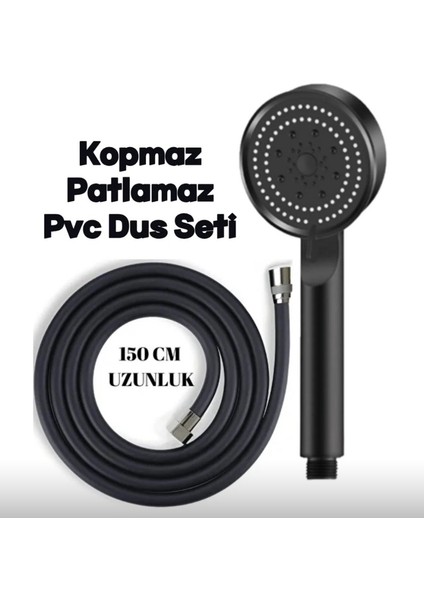 5Fonksiyonlu Lüks Duş Başlığı Siyah + Siyah Pvc Hortum