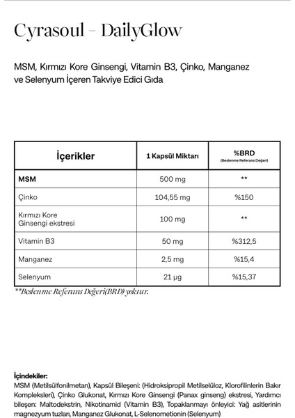 DailyGlow MSM, Panax Ginseng, Vitamin B3, Çinko, Manganez ve Selenyum İçeren Takviye Edici Gıda (Energy&Beauty)