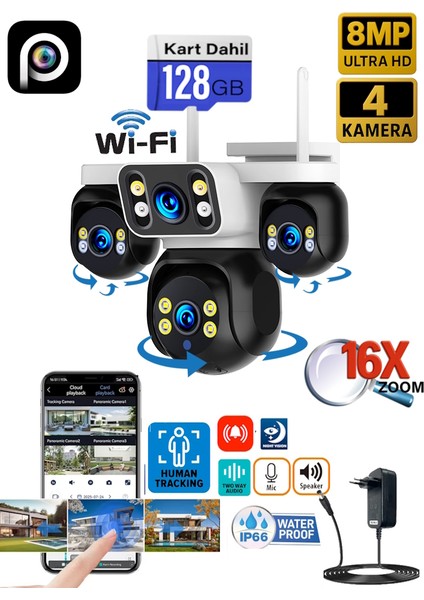 ES-5804 128GB 8MP 4 Kameralı Wifi 16X Zoom HiEasy Gece Görüş Çift Yönlü Ses Uzaktan İzleme Kişi Takibi Türkçe