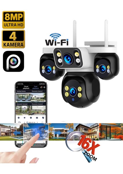 ES-5804 8MP 4 Kameralı Wifi 16X Zoom HiEasy Gece Görüş Çift Yönlü Ses Uzaktan İzleme Kişi Takibi Türkçe