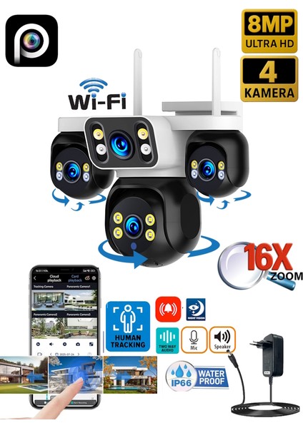 ES-5804 8MP 4 Kameralı Wifi 16X Zoom HiEasy Gece Görüş Çift Yönlü Ses Uzaktan İzleme Kişi Takibi Türkçe