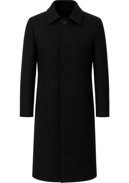 Erkek Siyah Dar Kesim Uzun Yün Karışımlı Kaşe Gömlek Yaka Palto&kaban