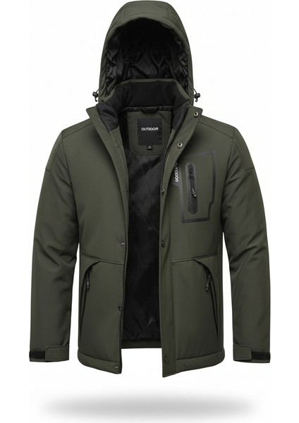 Outdoor Kapüşonlu Su ve Rüzgar Geçirmez Kapitone Içi Kürklü Elyaf Dolgulu Şişme Haki Softshell Mont