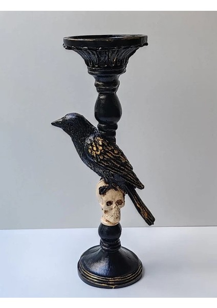 Gotik Tasarım Siyah Kuş ve Kafatası Şamdan, Ev Dekoru, Masa Dekoru, Obje, Hediyelik, Öğretmenler Günü, Anneler Günü