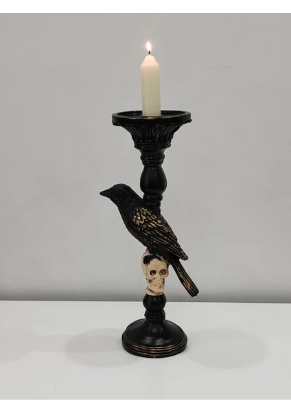 Gotik Tasarım Siyah Kuş ve Kafatası Şamdan, Ev Dekoru, Masa Dekoru, Obje, Hediyelik, Öğretmenler Günü, Anneler Günü