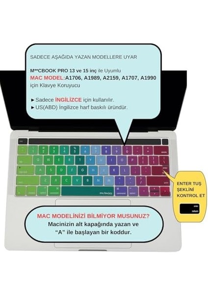 MacBook Klavye Koruyucu Kılıf Us Ingilizce Amerikan Baskılı Us -Return Enter Touchbar Pro 13-15 Inç A1706,A1989,A2159,A1707,A1990 Uyumlu,ince Yıkanabilir Silikon Klavye Filmi Pembe Yeşil modelleri