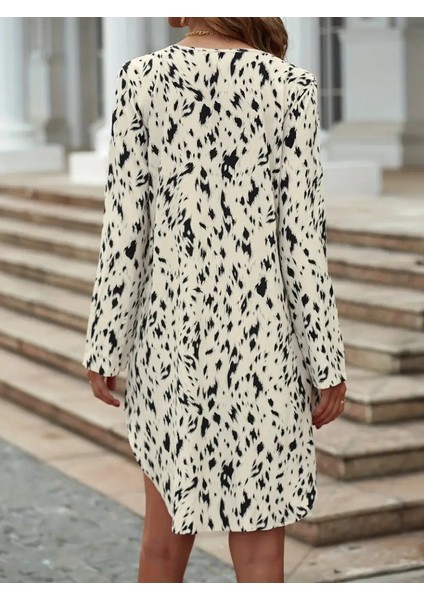Kadın Uzun Kollu V Yakalı Desenli Kısa Keten Elbise indirimleri