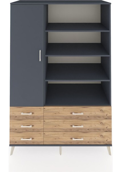 Kronos Dolap 8 Raflı 6 Çekmeceli Tek Kapaklı 132X59X195 Antrasit-Antrasit/çam