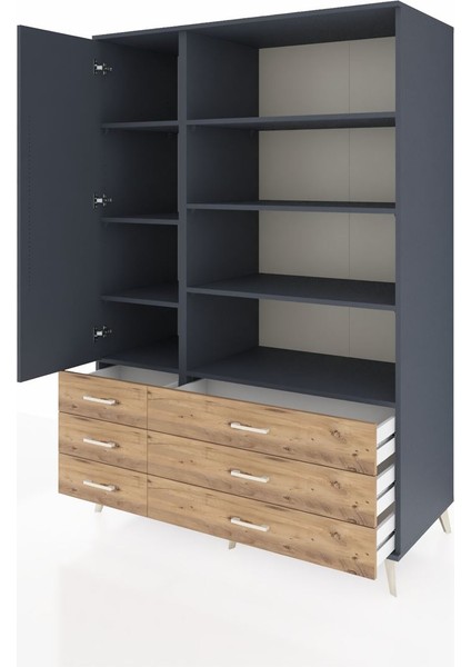Kronos Dolap 8 Raflı 6 Çekmeceli Tek Kapaklı 132X59X195 Antrasit-Antrasit/çam modelleri