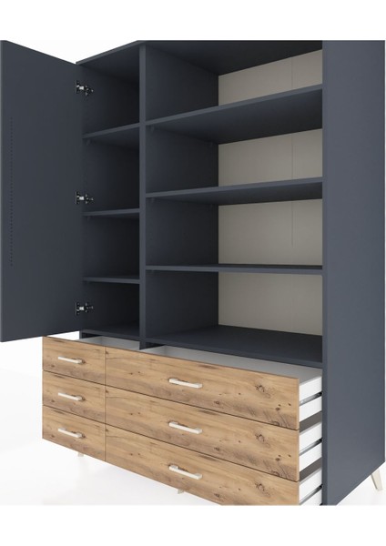 Kronos Dolap 8 Raflı 6 Çekmeceli Tek Kapaklı 132X59X195 Antrasit-Antrasit/çam fırsatları