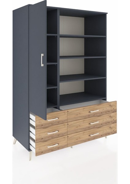 Kronos Dolap 8 Raflı 6 Çekmeceli Tek Kapaklı 132X59X195 Antrasit-Antrasit/çam indirimleri